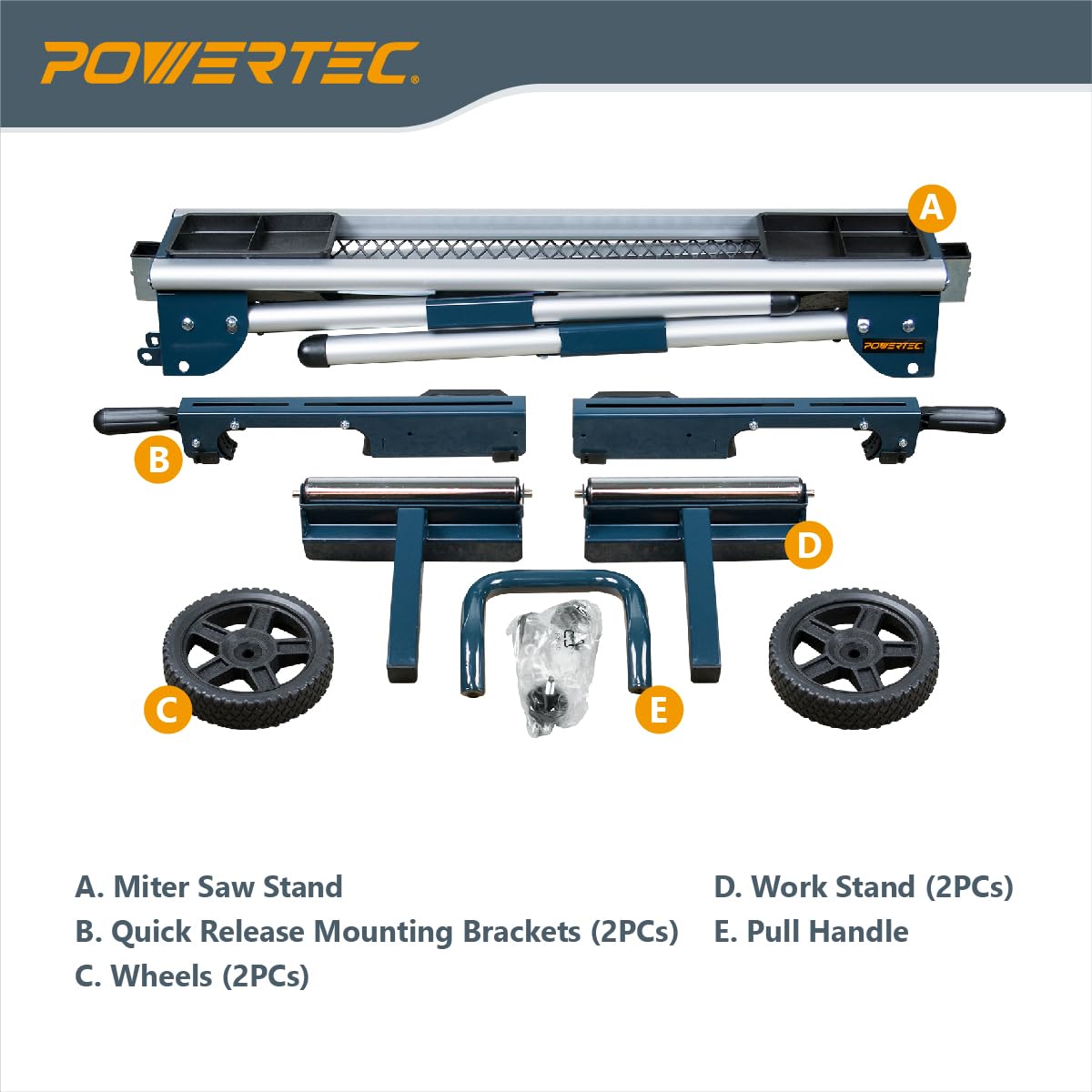 POWERTEC Miter Saw Stand with Wheels, Collapsible and Portable Tool Stand with Systematic Tool Storage Trays, 330Lbs Load Capacity and Quick-Release Mounting Brackets, Miter Saw Accessories (MT4008)