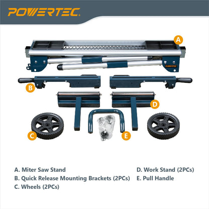POWERTEC Miter Saw Stand with Wheels, Collapsible and Portable Tool Stand with Systematic Tool Storage Trays, 330Lbs Load Capacity and Quick-Release Mounting Brackets, Miter Saw Accessories (MT4008)