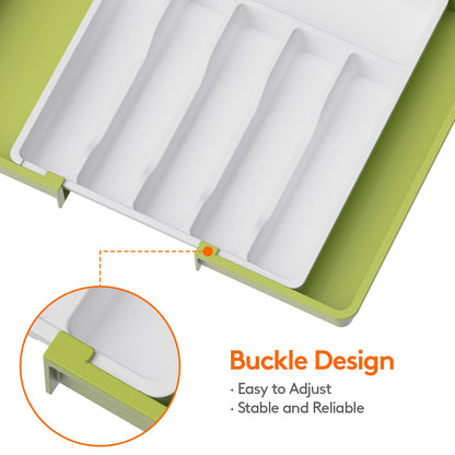 Lifewit Silverware Drawer Organizer, Expandable Utensil Tray for Kitchen, BPA Free Flatware and Cutlery Holder, Adjustable Plastic Storage for Spoons Forks Knives, Large, Green&White
