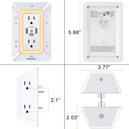 Multi Plug Outlet Surge Protector - POWRUI 6 Outlet Extender with 3 USB Ports (1 USB C) and Night Light, 3-Sided Power Strip with Adapter Spaced Outlets - White, ETL Listed