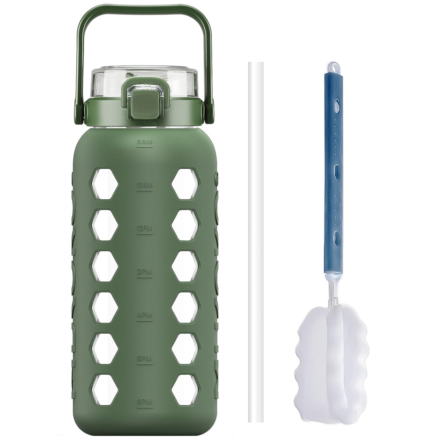 MUKOKO Half Gallon/64 oz Glass Water Bottles with Straw and Lid,Motivational Water Jug with Time Marker Reminder and Silicone Sleeve,100% Leakproof BPA Free Fitness Sports Large Bottle-Olive