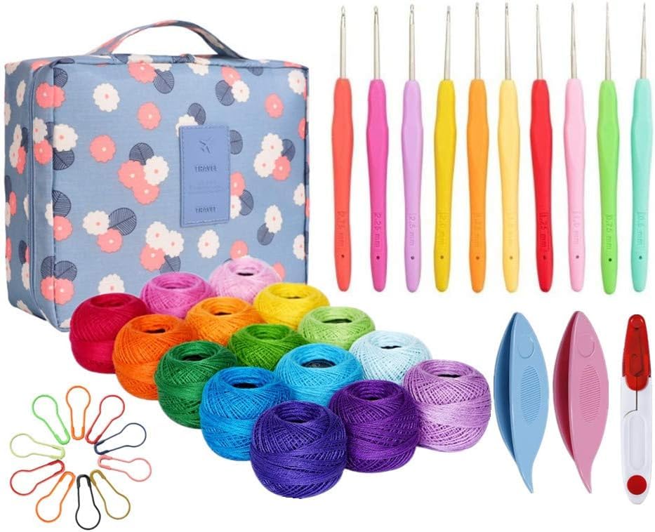 Lewhoo 15 Crochet Thread Balls & 10 Lace Crochet Hooks with Storage Bag, 100% Cotton Thread with 2 Tatting Shutters Tools