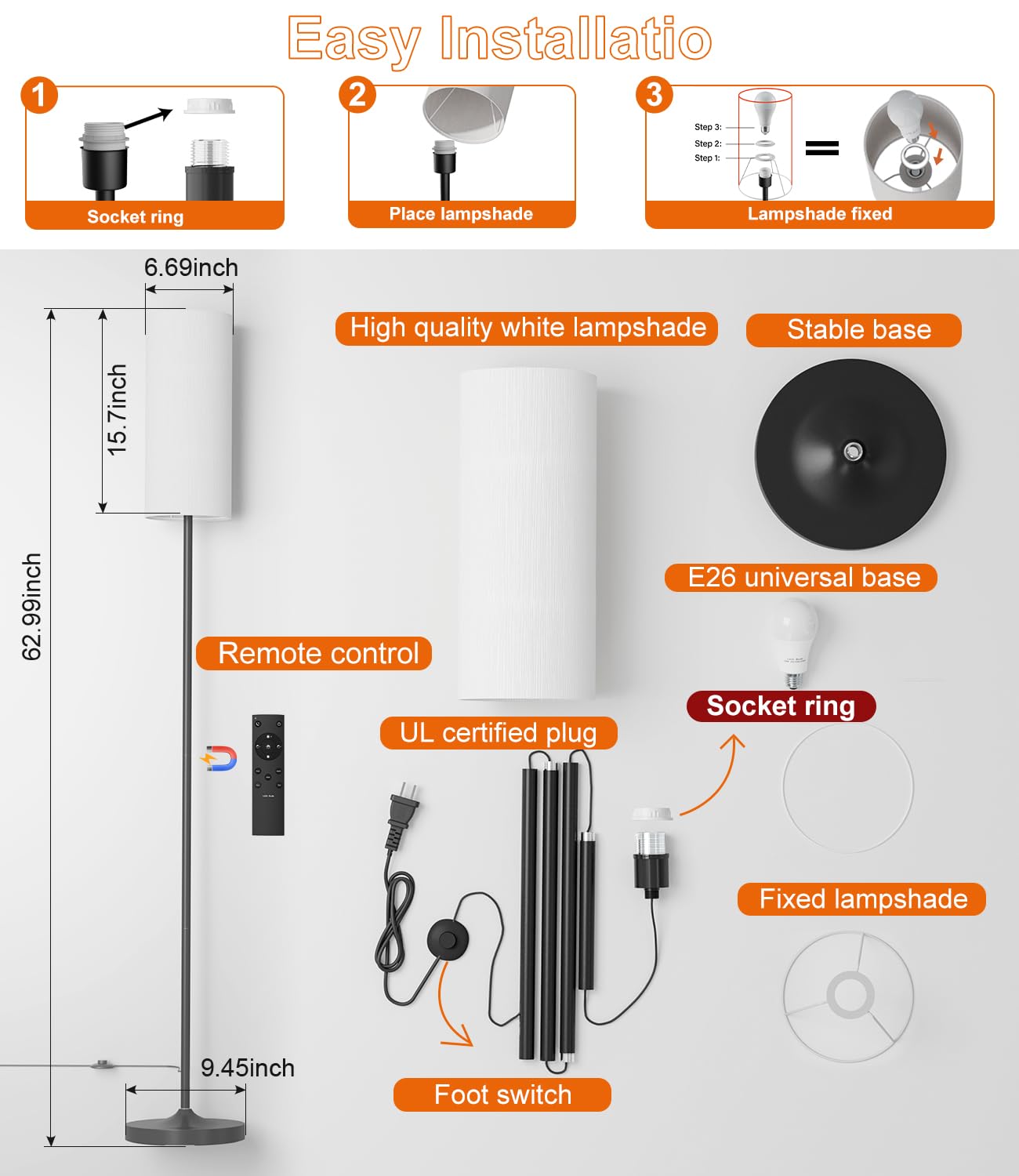 luckystyle LED Floor Lamp for Living Room, Dimmable Standing Lamps with Foot Switch,Remote Custom Color Temperature Black Pole Lamp with Lampshade,12W Led Bulb Tall Lamps for Bedroom Office Kid Room