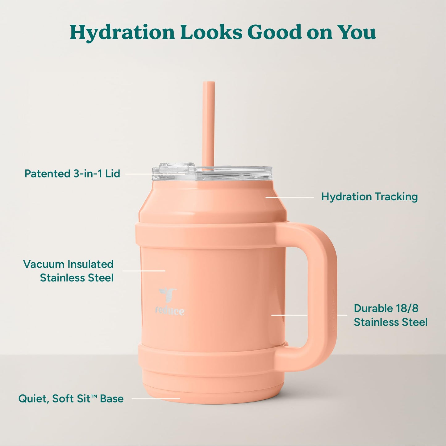 REDUCE Cold1 50 oz Reusable Mug Tumbler with Handle - Insulated Stainless Steel Water Bottle for Home, Office and Gym; Straw or Leakproof Flip Lid, Keeps Drinks Ice Cold All Day - Gloss Sedona