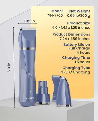 oneisall Dog Paw Trimmer 4 in 1, Low Noise Dog Clippers for Grooming, Cordless Dogs Grooming Kit Nail Grinder, IPX7 Waterproof Puppy Shaver for Pets's Paws, Eyes, Ears, Face, Rump