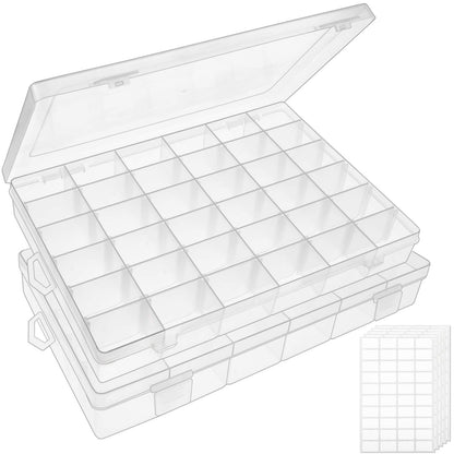 OUTUXED 2 Pack 36 Grids Clear Plastic Bead Organizer Box, Fishing Tackle Box Compartment Organizer with Adjustable Dividers for Jewelry, Art Craft, Bead Storage Containers with 5 Sheets Label Stickers
