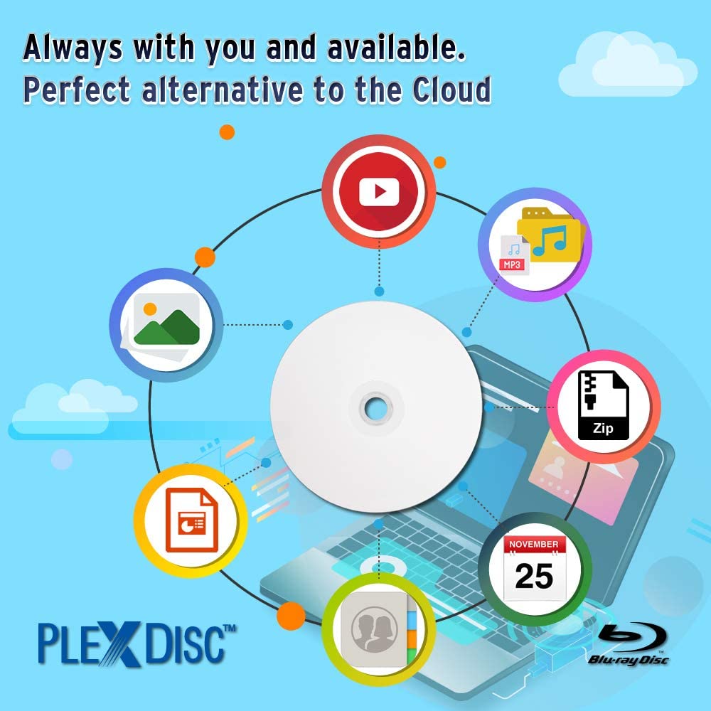 PlexDisc 633-214 25 GB 6X Blu-ray White Inkjet Printable Single Layer Recordable BD-R, 50pk Cake Box, 50 Discs