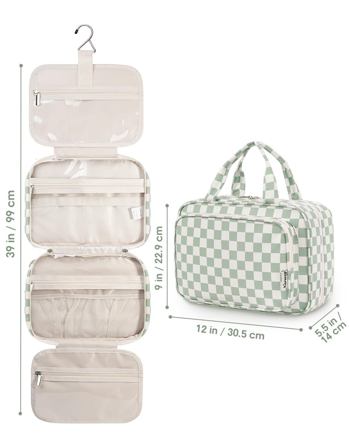 Narwey Travel Toiletry Bag for Women Large Hanging Makeup Bag Organizer Toiletries Bag for Full Size Essentials Accessories Cosmetics (Mint Green Checkerboard (Large))
