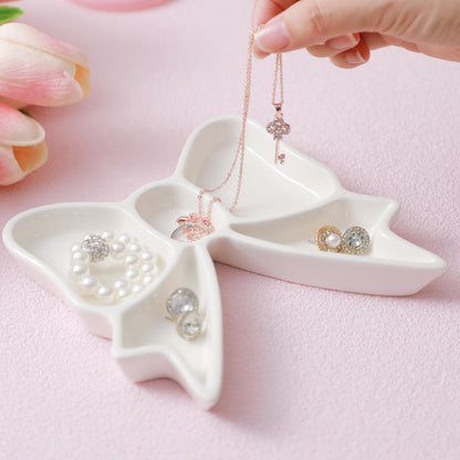 LemonRoad White Bow Jewelry Tray Coquette Ceramic Bow Tray Rings Necklace Bracelets Earrings Storage Dish Cosmetics Trinket Jewelry Key Bowl for Woman Girls Gifts Room Decor
