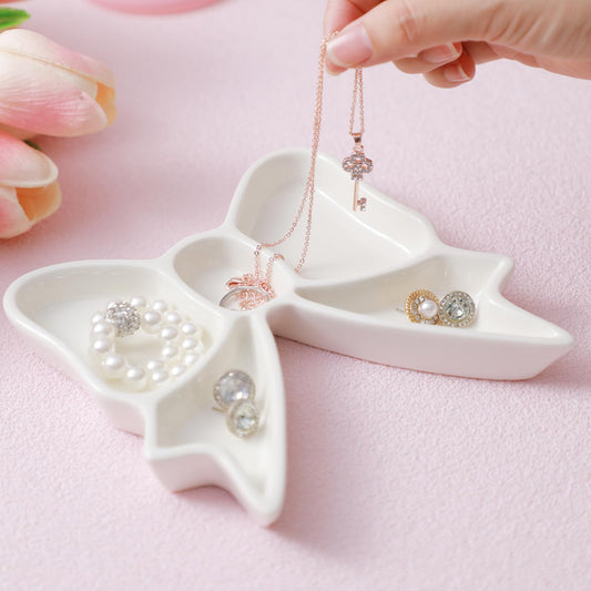 LemonRoad White Bow Jewelry Tray Coquette Ceramic Bow Tray Rings Necklace Bracelets Earrings Storage Dish Cosmetics Trinket Jewelry Key Bowl for Woman Girls Gifts Room Decor