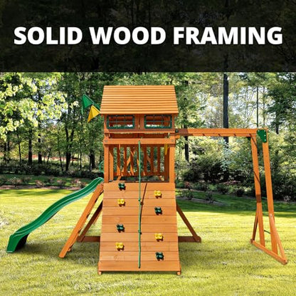 Gorilla Playsets 01-1069-Y Outing Wood Swing Set with Wood Roof and Monkey Bars - Yellow Slide, Amber