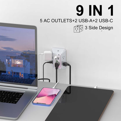 3-Sided Outlet Extender with Night Light - QINLIANF Multi Plug Outlet with 5 Outlets and 4 USB Ports(2 USB-C), USB Wall Charger for Home, Office, Travel, ETL Listed, White