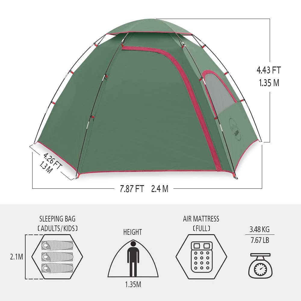 KAZOO Outdoor Family Tent Durable Lightweight, Waterproof Camping Tents Easy Setup, Beach Screen Tent Sun Shade 3 Person (Green)
