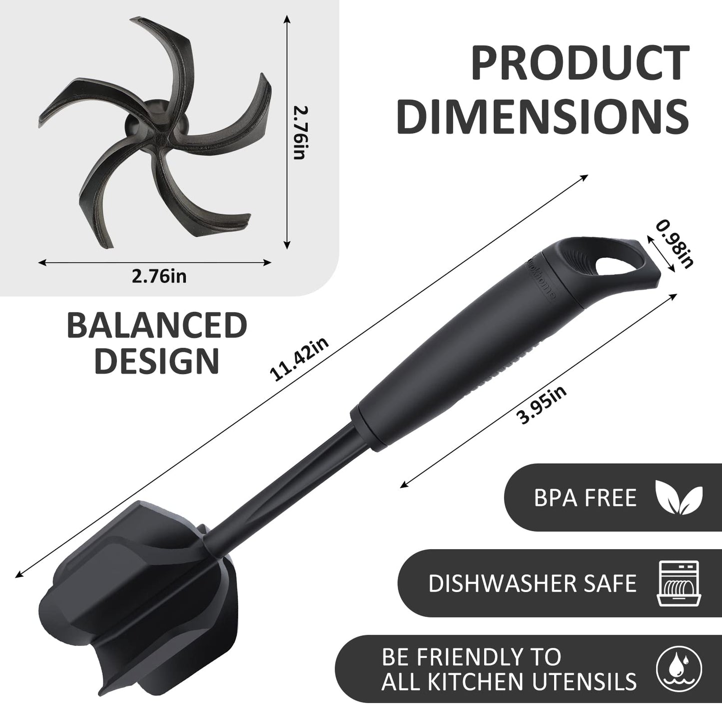 Ourokhome Upgrade Meat Chopper and Potato Masher, Heat Resistant Ground Meat Smasher for Hamburger, 5 Curved Blades Ground Beef Smasher, Nylon Non Stick Mixer, Stirrer and Kitchen Gadgets, Black