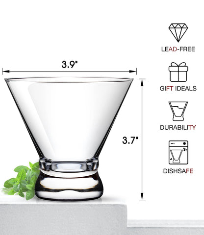 LUNA & MANTHA Martini Glasses Set of 4, Stemless Martini Cocktail Glasses for Margarita, Manhattan, Cosmopolitan, Home Bar, Evening Parties, Birthdays, Housewarming Gift, Crystal Clear 8 OZ