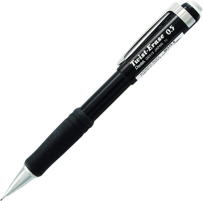 Pentel Mechanical Pencil 0.5 mm Twist Erase III, Twist Up Eraser, Pre-Loaded Super Hi-Polymer HB Lead, Black Barrel, 3-Pack