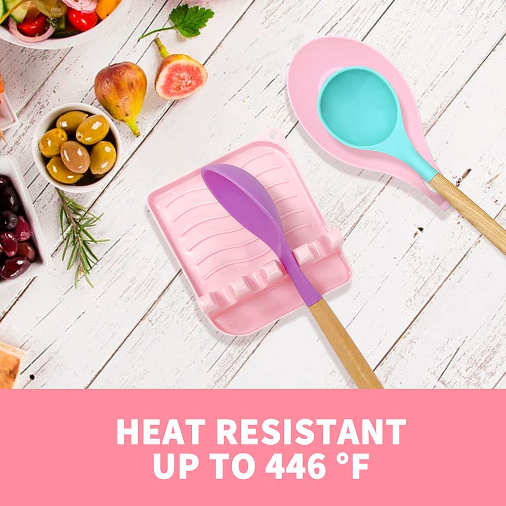 LSVGOE 2 Pack Multiple Utensil Spoon Rest with Drip Pad Non-Slip Heat Resistant Kitchen and Grill Spoon Holder for Spatula, Ladle, Tongs, Kitchen Gadgets, and Cooking Accessories (Cute Pink)