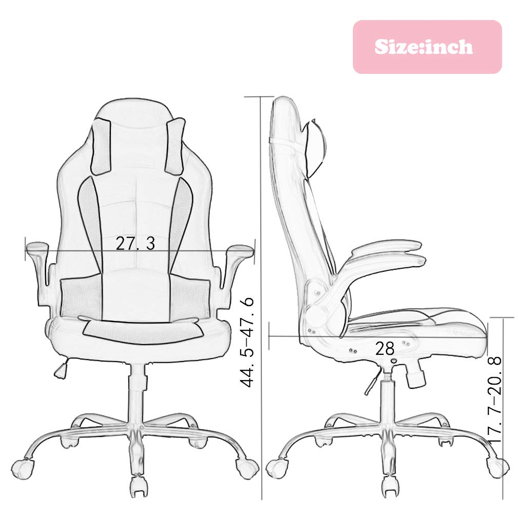 Gaming Chair Office Chair Desk Chair with Lumbar Support Flip Up Arms Headrest Swivel Rolling Adjustable PU Leather Racing Computer Chair for Girls,Pink