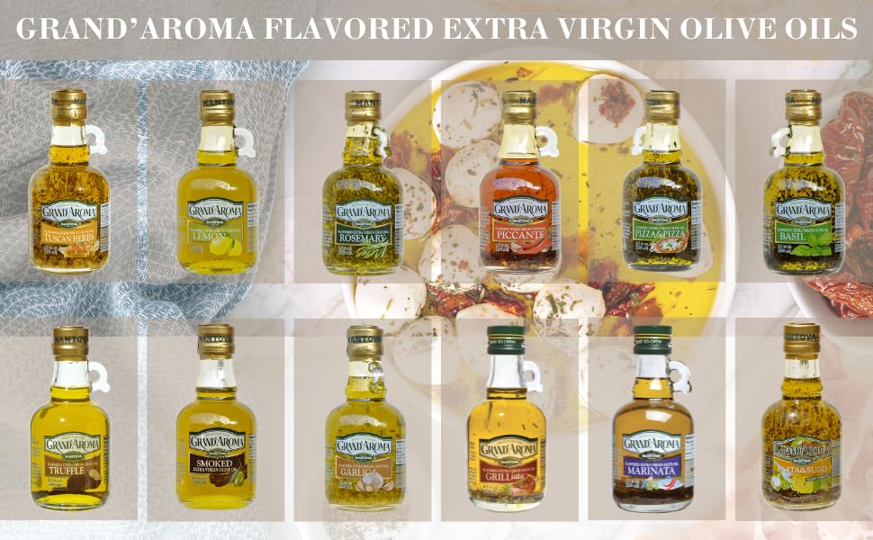 Mantova Grand’Aroma Flavored Extra Virgin Olive Oils, Variety Gift Set, made in Italy, cold-pressed, 100% natural, heart-healthy, for grilling, barbequing, smoking, and cooking, 8.5 oz