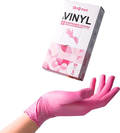 OriStout Disposable Gloves for Women, Pink Vinyl Gloves Disposable Latex Free for Cooking, Food Prep, Cleaning, Hair Dye, Tattoo, Medium Duty, Touch Screen, Small, 50 Pack