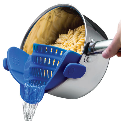 Kitchen Gizmo Snap N' Strain - Silicone Clip-On Strainer for Pots, Pans, and Bowls - Heat-Resistant Kitchen Gadgets, Essential Colander Drainer for Vegetables and Pasta - 7.87x2.76x4.53-Inch (Blue)