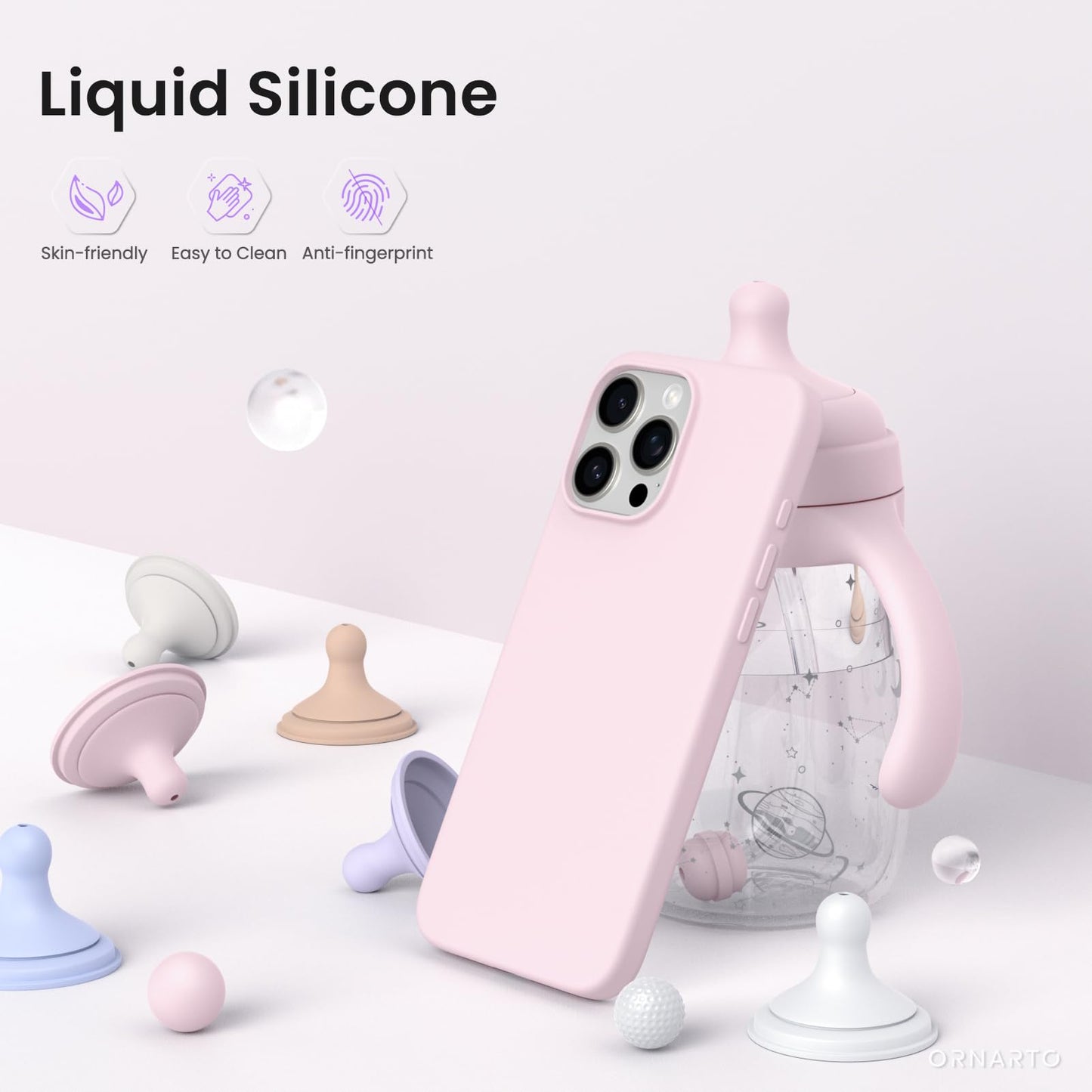 ORNARTO Compatible with iPhone 16 Pro Max Case 6.9", Slim Liquid Silicone 3 Layers Soft Gel Rubber Shockproof Protective Case with Anti-Scratch Microfiber Lining-Chalk Pink