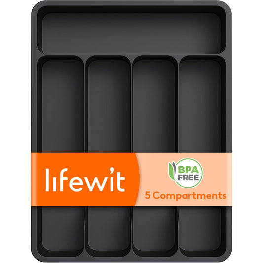 Lifewit Silverware Drawer Organizer Tray, Plastic Cutlery Storage for Kitchen Drawer, Flatware and Utensil Holder Divider for Spoons Forks Knives Tableware, 5 Compartment, Black