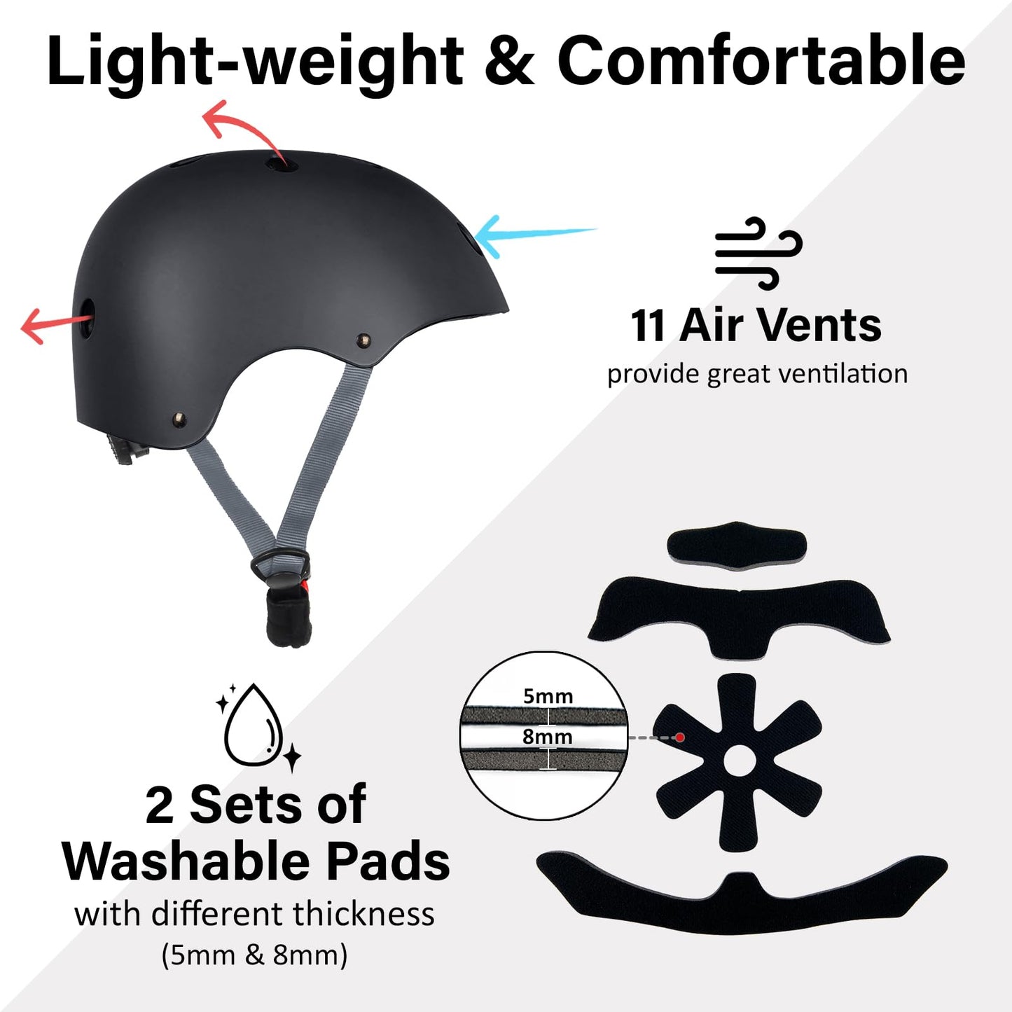 OUWOR Adult Skateboard Bike Helmet for Men and Women, Lightweight Adjustable, Multi-Sport for Bicycle Skate Scooter (Black, Large)