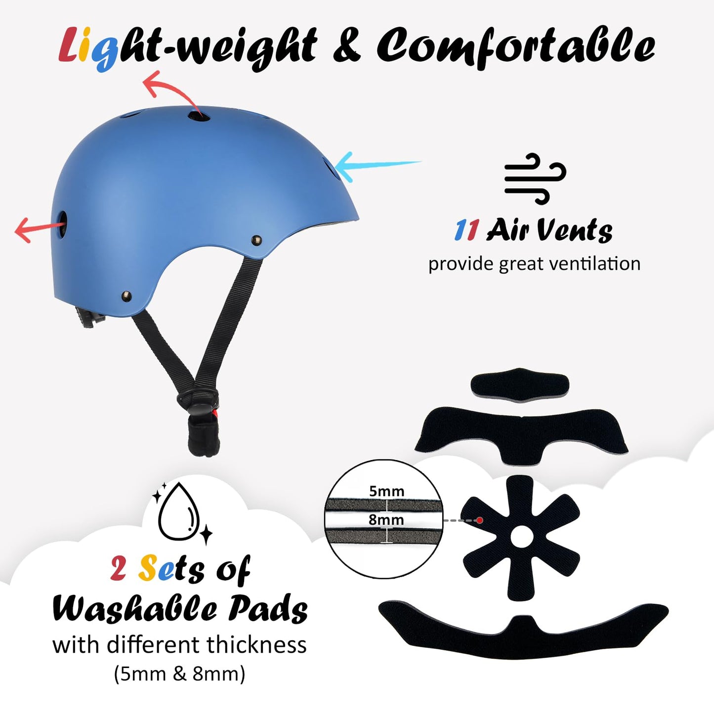 Kids Bike Helmet, Adjustable and Multi-Sport, from Toddler to Youth, 3 Sizes (Blue)