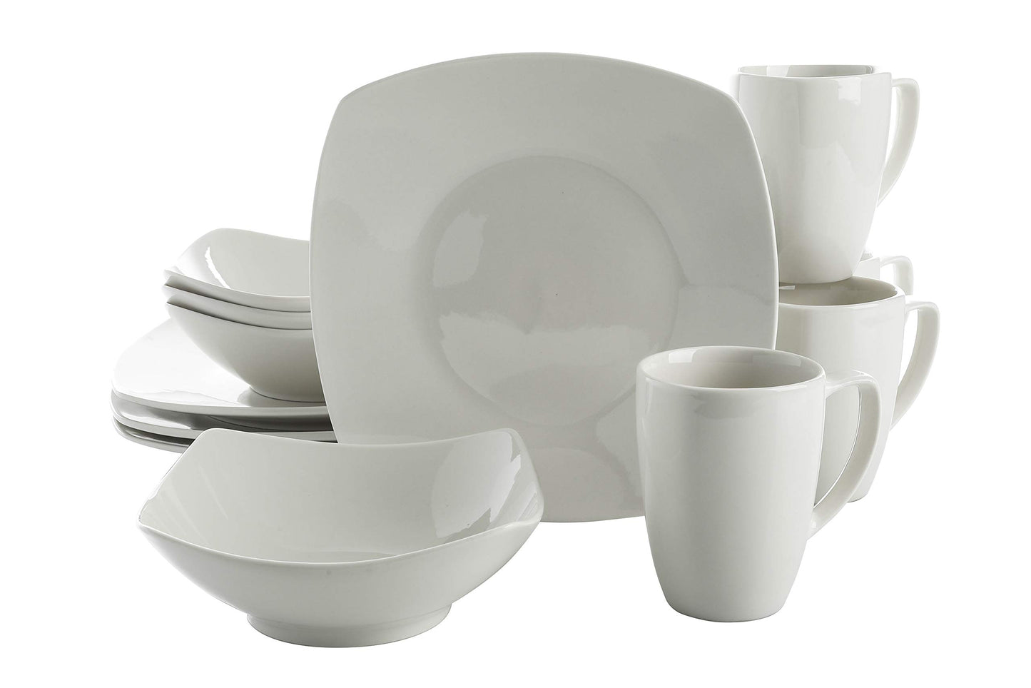 Gibson Home Amelia Court Porcelain Chip and Scratch Resistant Dinnerware set, Service for 4 (12pcs), White (Soft Square)