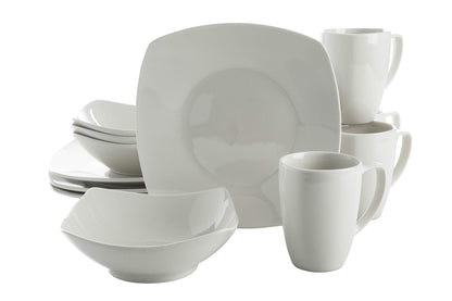 Gibson Home Amelia Court Porcelain Chip and Scratch Resistant Dinnerware set, Service for 4 (12pcs), White (Soft Square)