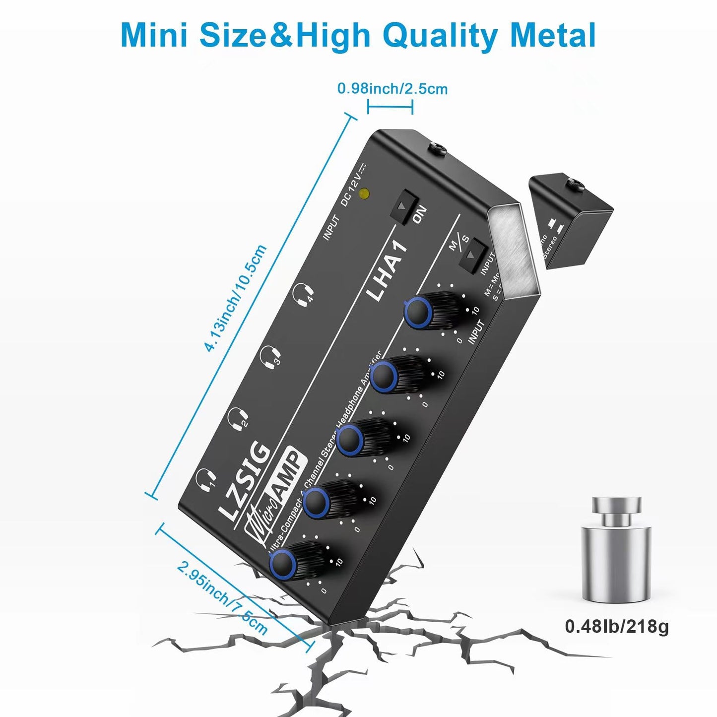 LZSIG Headphone Amplifier 4 Channel, Metal Stereo Audio Amplifier, Mini Earphone Splitter with Power Adapter, 1/4" & 1/8" TRS Headphones Output & TRS Audio Input, DC 12V