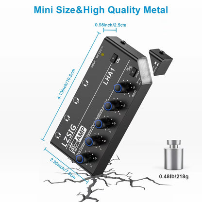LZSIG Headphone Amplifier 4 Channel, Metal Stereo Audio Amplifier, Mini Earphone Splitter with Power Adapter, 1/4" & 1/8" TRS Headphones Output & TRS Audio Input, DC 12V