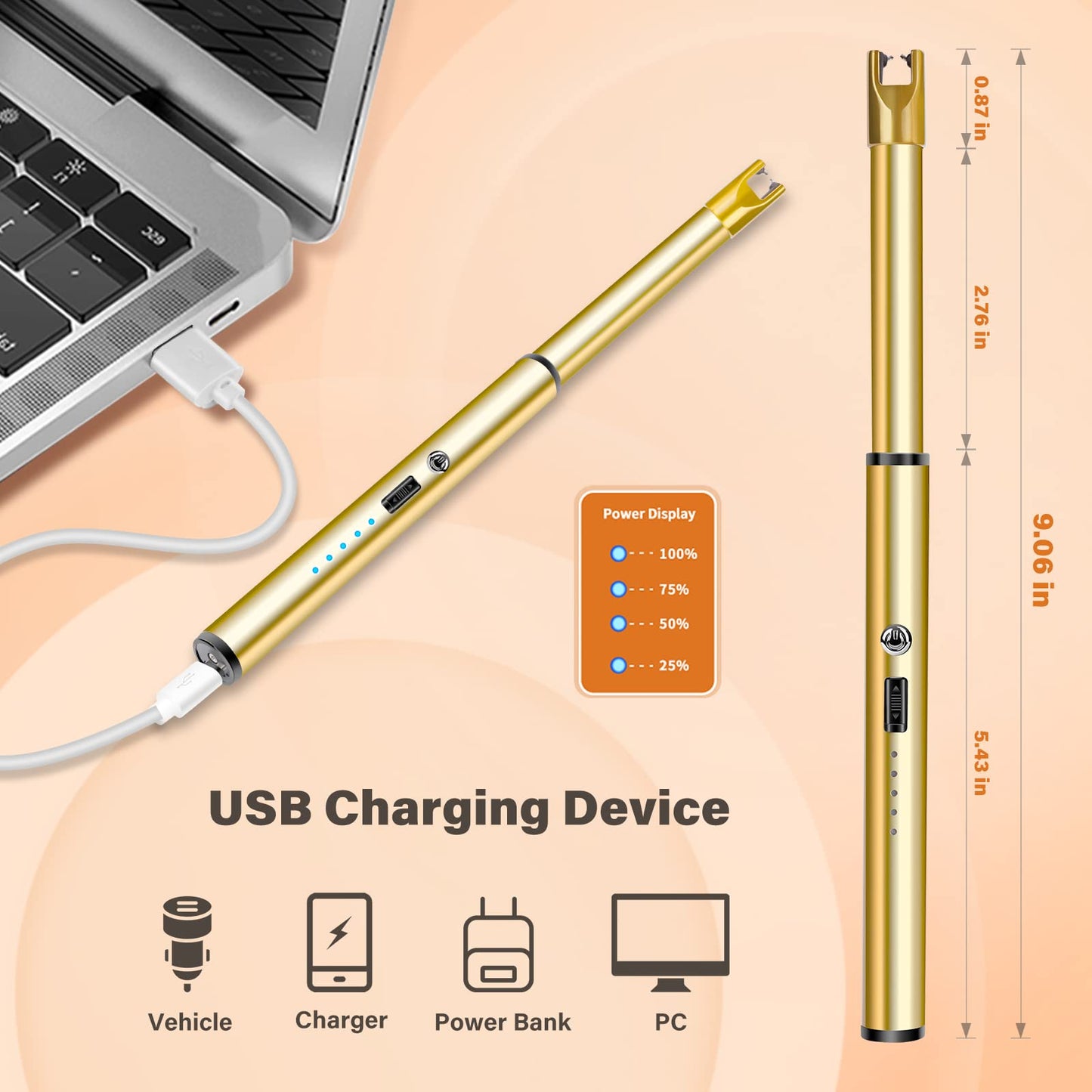 Navpeak Electric Candle Lighter Windproof USB Rechargeable Flameless Long Neck Lighter for Candles Gas Stove Fireplace BBQ Kitchen Grills (Gold)