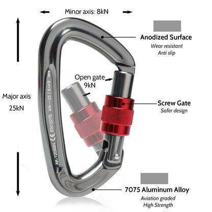 Locking Carabiner - 25kN 5600lb Climbing Carabiner Screw Gate D Shape Carabiner Silver (Pack of 5)