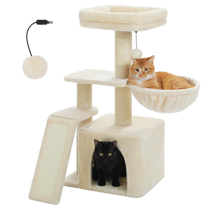 PETEPELA Small Cat Tree for Indoor Cats, 32'' Cute Cat Tower Cat Condo with Sisal Scratching Ramp, Cozy Hammock and Removable Top Bed Perch for Kittens, Beige