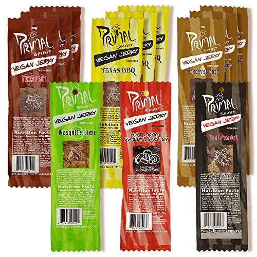 Primal Spirit Vegan Jerky - Most Popular Flavors Pack, 10 g. Plant Based Protein, ("The Classics" 3 Teriyaki, 3 Hickory Smoked, 3 Texas BBQ, 1 Thai Peanut, 1 Hot & Spicy, 1 Mesquite Lime, 12-Pack, 1 o
