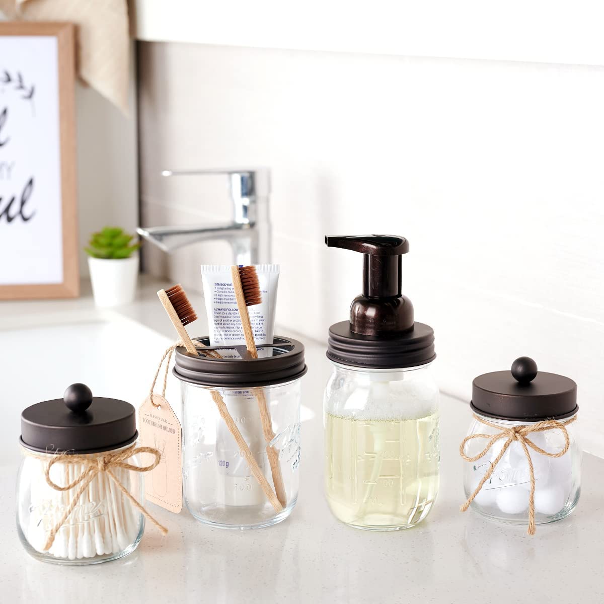 Amolliar Mason Jar Bathroom Accessories Set 4 Pack - Foaming Soap Dispenser&2 Qtip Holders&Toothbrush Holder-Rustic Farmhouse Decor Bathroom Organizer Apothecary Jar Country Countertop (Bronze)