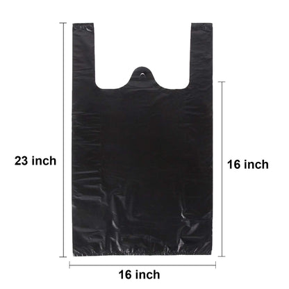 LazyMe T Shirt Bags Black Plastic Grocery Bags with Handles in Bulk, Bolsas De Plastico Para Negocio, 16x23 Inch (100 Pcs)