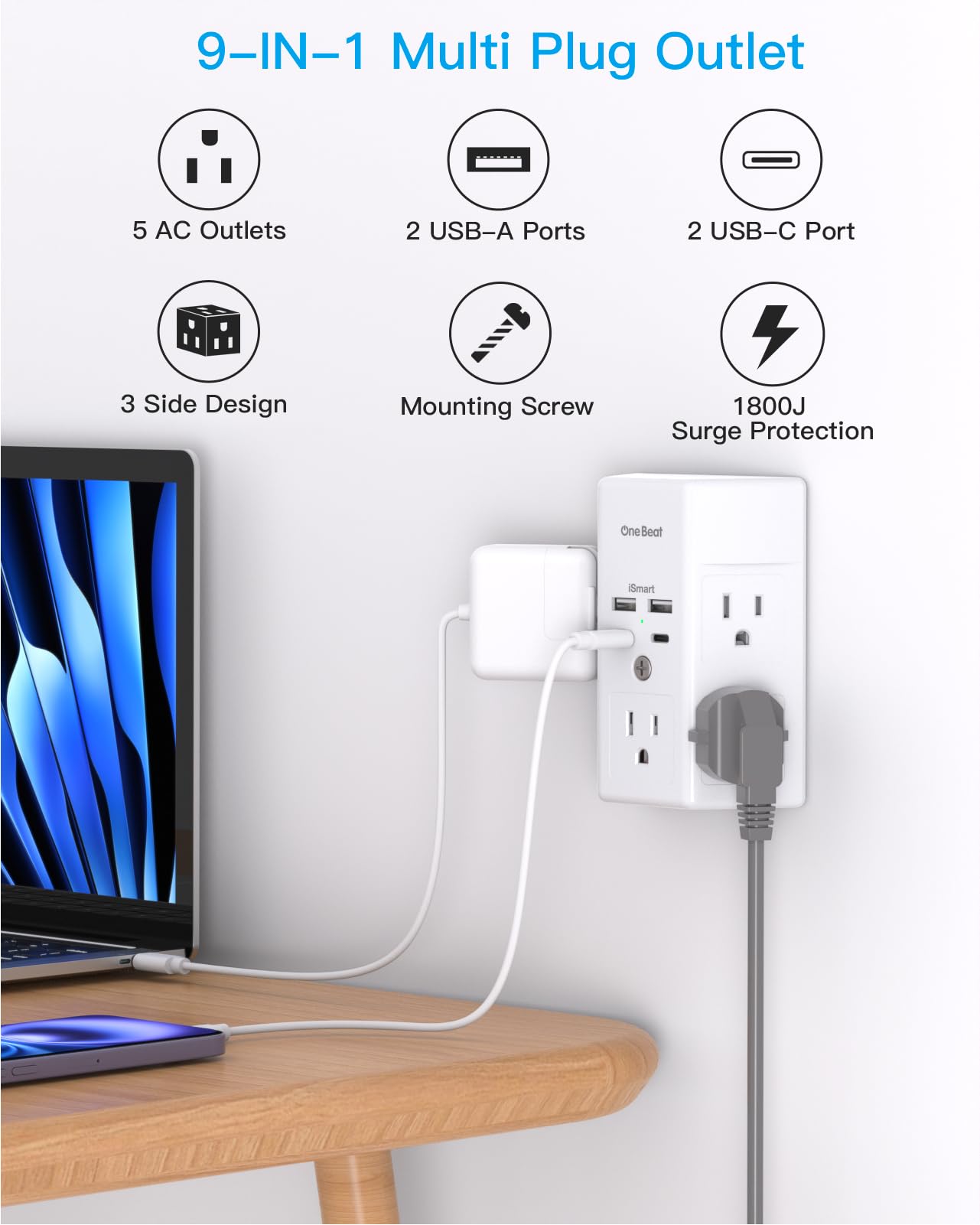 Multi Plug Outlet, Surge Protector, 5 Outlet Extender with 4 USB Charging Ports (2 USB C), USB C Wall Charger, 3-Sided 1800J Power Strip Outlets Splitter Wall Plug Adapter Spaced for Dorm Home Office