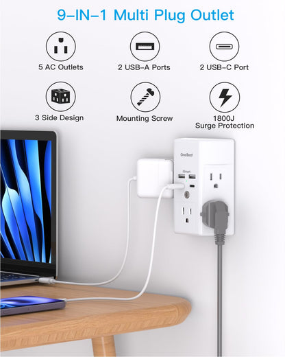 Multi Plug Outlet, Surge Protector, 5 Outlet Extender with 4 USB Charging Ports (2 USB C), USB C Wall Charger, 3-Sided 1800J Power Strip Outlets Splitter Wall Plug Adapter Spaced for Dorm Home Office