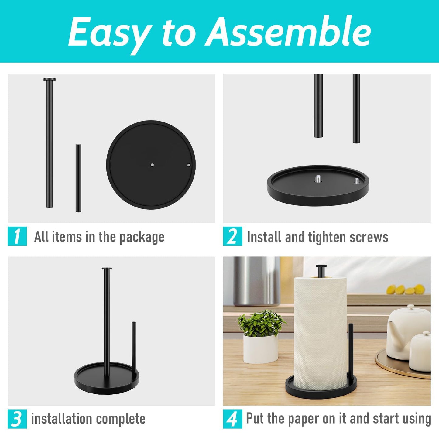 Paper Towel Holder Countertop, Standing Paper Roll Holder with Anti Slip Weighted Base, Stainless Steel Freestanding Paper Towel Holder for Kitchen, Black