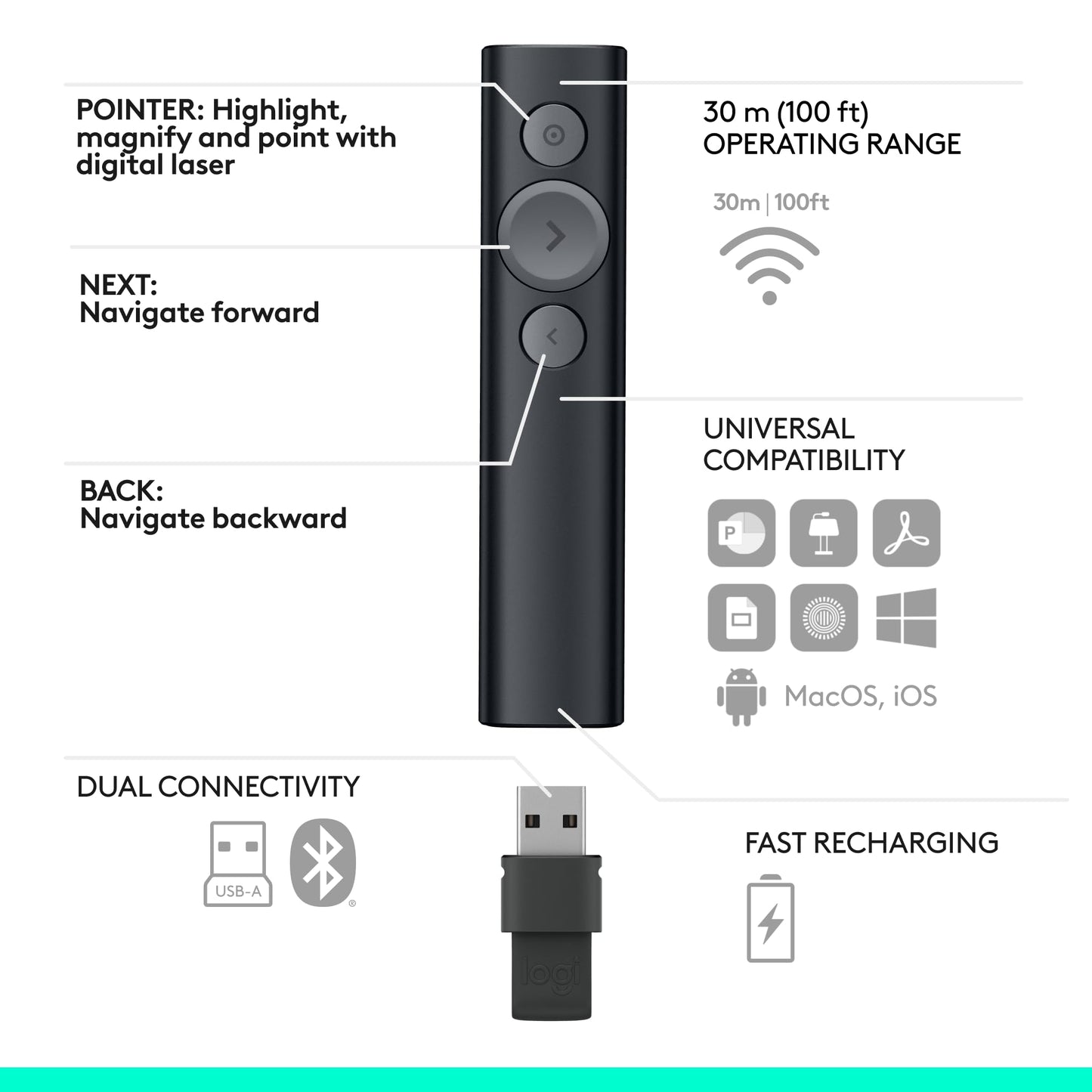Logitech Spotlight Presentation Remote - Universal Wireless Presentation Clicker with Laser Pointer, Advanced Digital Highlighting, Bluetooth, 30 m Range and Quick Charging - Black
