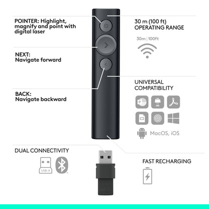 Logitech Spotlight Presentation Remote - Universal Wireless Presentation Clicker with Laser Pointer, Advanced Digital Highlighting, Bluetooth, 30 m Range and Quick Charging - Black