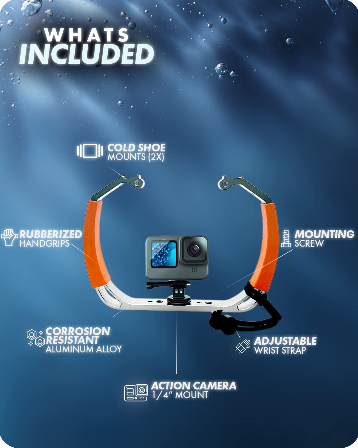 Movo GB-U80T Underwater Diving Rig with Cold Shoe Mounts, Strap - Compatible with GoPro Hero, HERO6, HERO7, HERO8, HERO9, HERO10, HERO11, Osmo Action - Scuba GoPro Accessory (XL/Tangerine)