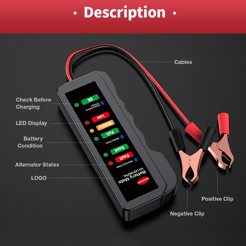 KINGBOLEN 12V car Battery Tester, Alternator Tester Automotive,Battery Checker, Analyzer to Check alternator & Battery Charging System,LED Indication