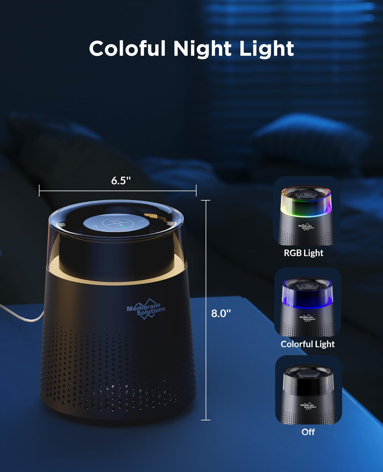 MSB5 Air Purifiers for Bedroom, H13 True HEPA Air Purifier for Home Room Office, 20dB Quiet Air Cleaner with Sleep Mode Colorful Night Light for Pets Dander Pollen Mold (Black)