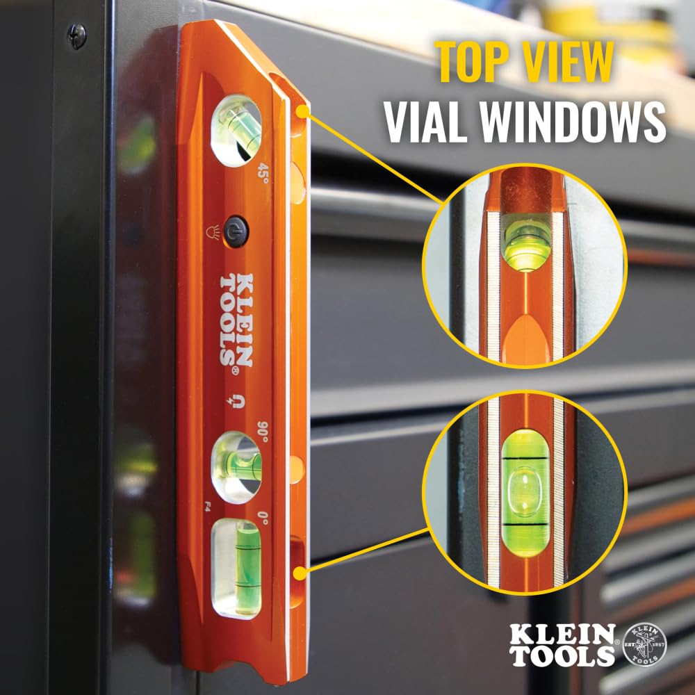 Klein Tools 935RBLT Level, 9-Inch Lighted Torpedo Level with Magnet, 0/45/90 Degree Vials and V-Groove, Water and Impact Resistant, High-Visibility