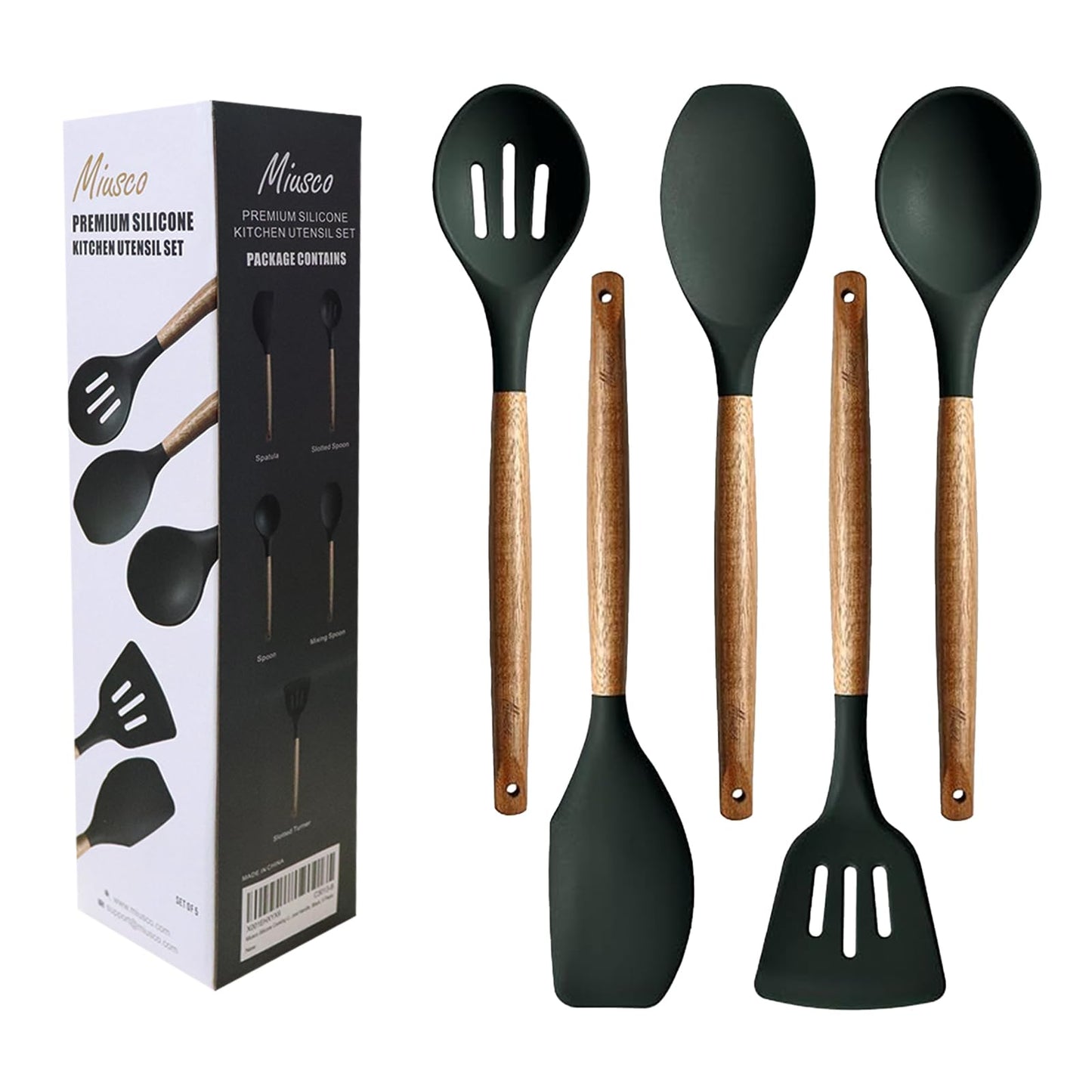 Miusco Non-Stick Silicone Cooking Utensils Set with Natural Acacia Hard Wood Handle, 5 Piece, High Heat Resistant (Green)