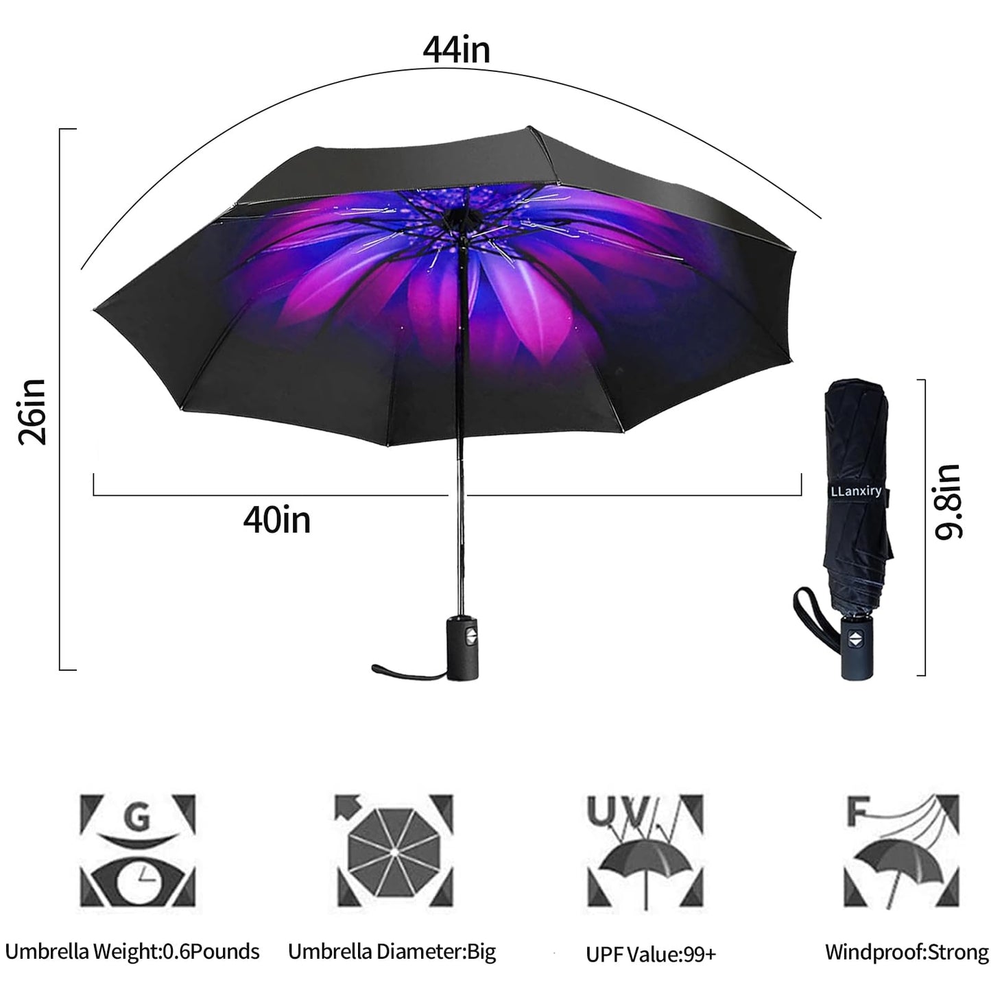 LLanxiry Compact Travel Umbrella, Mini Windproof Umbrellas for Rain & Sun, Small Lightweight Outdoor UV Umbrella, Portable Folding Umbrellas for Travel (Orchid)